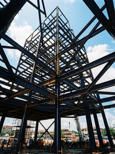 Low-angle heroic perspective of structural steel framing against a bright midday Ghanaian sky, sharp architectural shadows, deep navy steel tones, 35mm architectural photography.