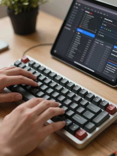 Tight macro crop of hands typing on a mechanical keyboard next to a tablet displaying a dark-mode workflow dashboard, warm natural ambient light, authentic small business workspace.
