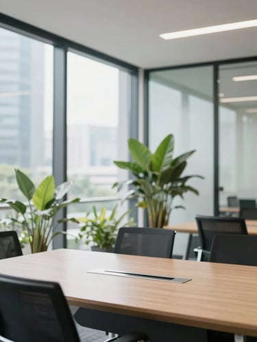 Bright modern office interior in Jakarta with glass walls, green plants, and a professional meeting table under soft natural light