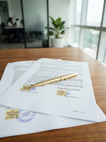 A close-up of a professional Indonesian business contract on a wooden table, a gold pen resting on top, soft natural light from a nearby window