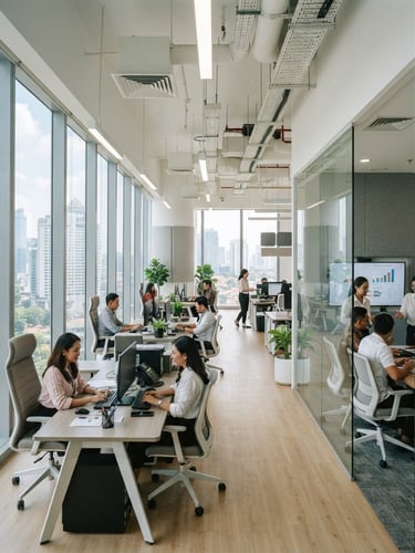 Bright modern office interior in a Jakarta skyscraper with floor-to-ceiling windows, natural daylight illuminating sleek desks and comfortable meeting spaces, professional and trustworthy corporate atmosphere, 35mm