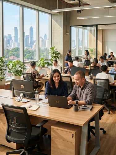 Bright modern office interior in Jakarta, warm natural sunlight streaming through large windows, sleek wooden desks, ergonomic chairs, professional and clean atmosphere, 35mm
