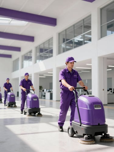 Professional industrial cleaning crew in matching purple uniforms operating heavy floor scrubbers in a bright, modern corporate warehouse, wide architectural angle, clean daylight.