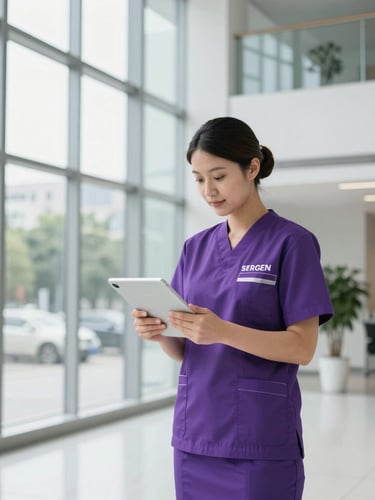A professional cleaning supervisor in a sharp purple SERGEN uniform checking a digital tablet in a bright, modern corporate lobby with clean glass walls, natural daylight, 35mm