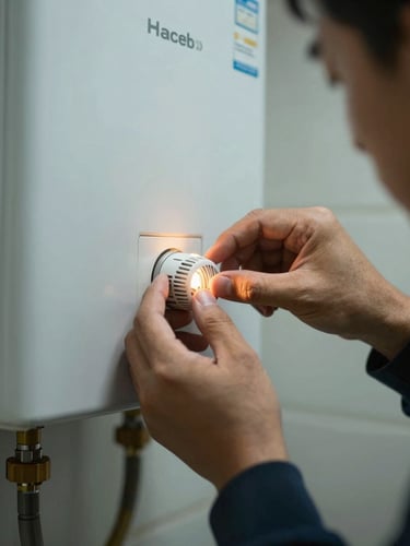 Close-up of a technician's hands adjusting a thermostat dial inside a Haceb water heater, warm tungsten work-light raking across the metal casing, real Bogotá utility room background slightly out of focus, tight documentary framing on the diagnostic moment