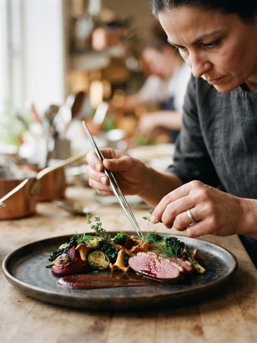 Chef's hands meticulously plating a seasonal dish with fresh, vibrant ingredients under soft Scandinavian daylight, rich crimson and forest green tones, shallow depth of field, 35mm film, composition focused on the hands and food.
