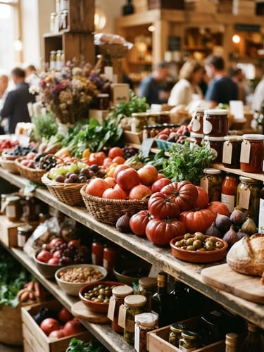 Wide shot of a beautifully curated market shelf, abundant with fresh produce and artisanal goods, soft natural daylight, shallow depth of field, warm editorial photography