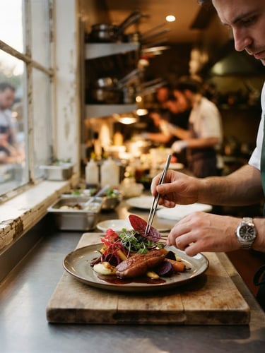 Busy kitchen pass with chef's hands plating a dish, soft natural daylight from a window, shallow depth of field, warm editorial photography, rich crimson and forest green tones, 35mm film.