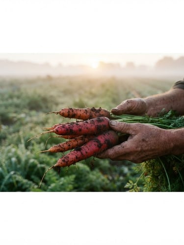 Wide panoramic misty farm field at sunrise, weathered hands gently holding freshly harvested, soil-dusted carrots, soft natural daylight, shallow depth of field.