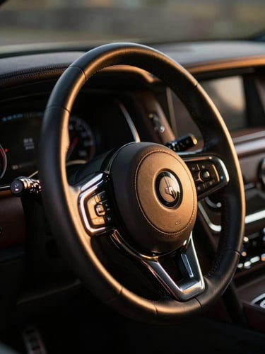 Cinematic close-up of a luxury vehicle steering wheel and polished dashboard, warm golden hour light reflecting on leather, dark charcoal tones, sharp focus, 35mm