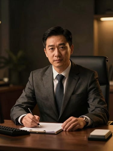 Professional insurance advisor in a deep-toned, dark-themed office setting, warm ambient interior glow, sharp focus, 35mm