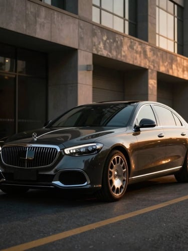 Cinematic automotive photography of a luxury sedan parked in a modern Toledo urban setting at golden hour, low-key dramatic lighting, sharp focus, 35mm