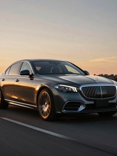Cinematic wide angle shot of a luxury sedan driving on a Toledo highway at dusk, golden hour reflections on polished charcoal car body, sharp focus, 35mm