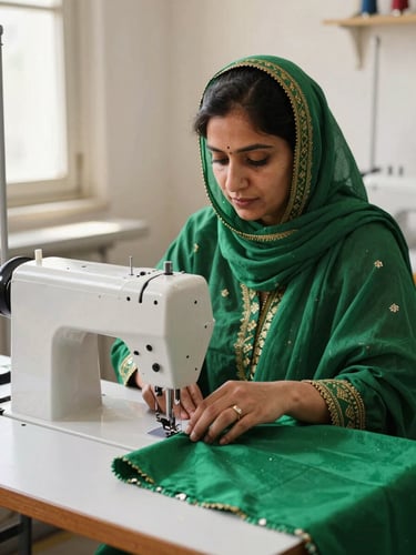 A proud Pakistani woman sitting at a modern sewing machine in a brightly lit workshop, guiding emerald green fabric under the needle, focused expression, warm natural daylight.