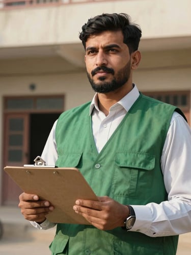 Medium portrait of a proud Pakistani volunteer in a clean green vest holding a clipboard, warm natural daylight, standing outside a community center in Lahore, focused and dignified expression.