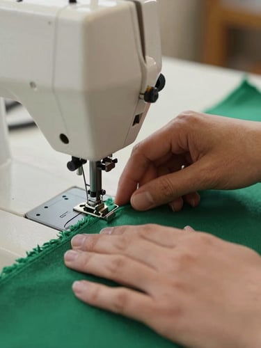 Close-up of hands carefully guiding green fabric through a modern sewing machine, warm natural lighting, focused and professional atmosphere.