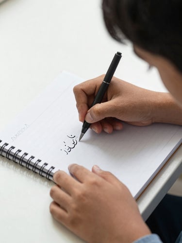 Close-up of hands guiding a young student's hand as they write Urdu characters in a clean, new notebook, bright natural light, focused and dignified