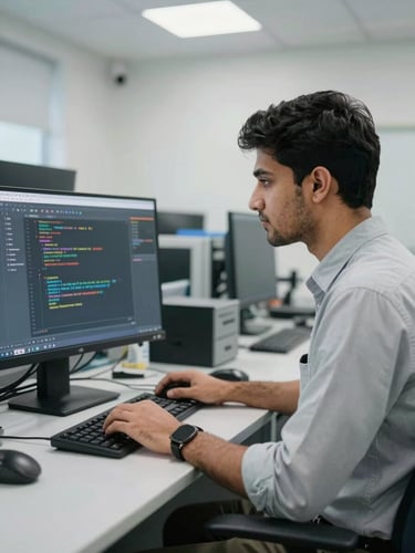 A young Pakistani man in a clean, modern IT lab, looking proudly at a computer screen displaying code and graphic layouts, soft indoor lighting, professional atmosphere.