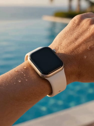 Close-up of a sleek, minimalist smart wristband on a wrist, water droplets glistening under warm golden-hour sunlight, premium hotel infinity pool in the soft-focus background, 35mm photography