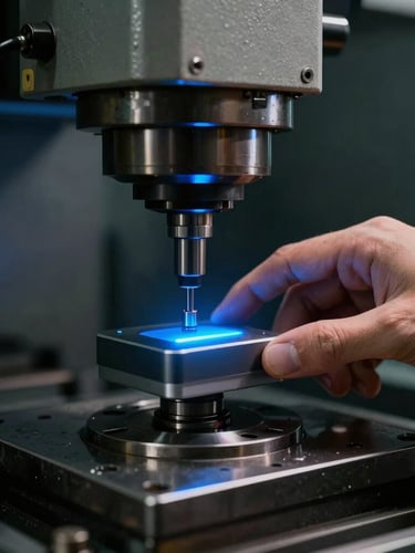 Close-up of a hand placing a sleek industrial sensor with a subtle glowing electric blue status light onto a heavy metal milling machine, dramatic industrial lighting, sharp focus, 35mm lens