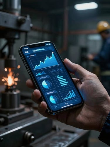 Dramatic close-up of a modern smartphone screen displaying an electric blue industrial dashboard with real-time graphs, held by a plant manager in a dark, moody metalworking factory with soft sparks in the background.