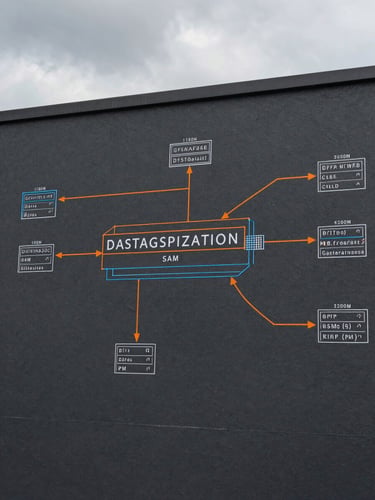 Blueprint-style technical diagram of a database synchronization schema, high-contrast slate background with sharp orange and blue vector lines, clean monospaced labels.