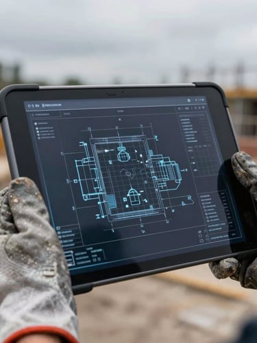 Macro close-up of a rugged tablet displaying a high-contrast technical blueprint interface, held by hands in heavy work gloves on a construction site, overcast natural daylight.