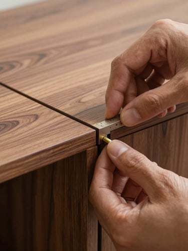 Tight, abstract detail crop of hands carefully aligning a custom walnut cabinet joint, showcasing seamless joinery and millimeter-level tolerances, soft natural light.