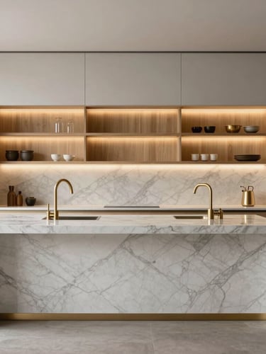 Straight-on architectural elevation of a minimalist luxury kitchen island with bookmatched marble veins, brushed gold fixtures, warm integrated LED accent lighting glowing under oak shelves, diffused daylight.