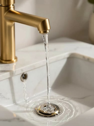 Close-up of water falling from a brushed gold fixture into a custom honed marble sink, soft morning light, elegant shadow lines.
