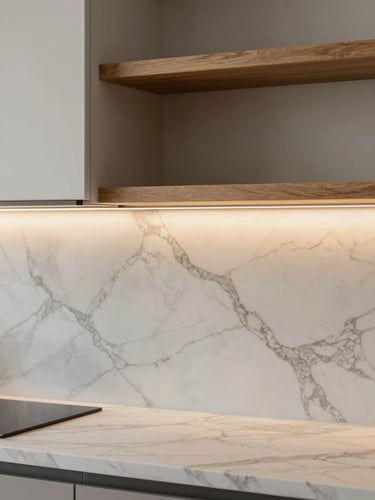 Straight-on architectural crop of a kitchen corner, bookmatched marble veins on the countertop, warm integrated lighting glowing under custom oak shelves, soft diffused daylight.