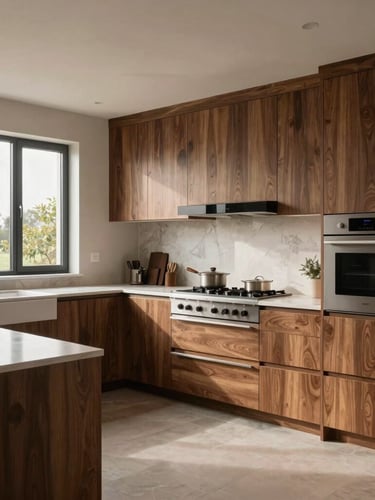 Wide panoramic view of a bespoke kitchen in Richmond, custom walnut cabinetry with seamless joints, integrated premium appliances, large window letting in soft West Coast daylight.