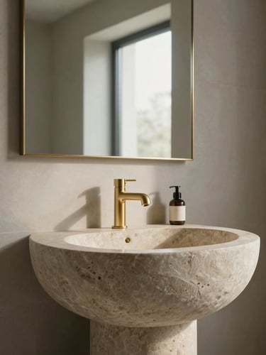 Architectural elevation of a serene bathroom sanctuary, custom stone basin, brushed gold hardware, minimalist spatial layout, diffused natural light.