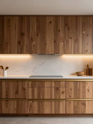 Straight-on architectural elevation of custom walnut kitchen cabinetry with integrated warm lighting and brass hardware, clean minimalist lines