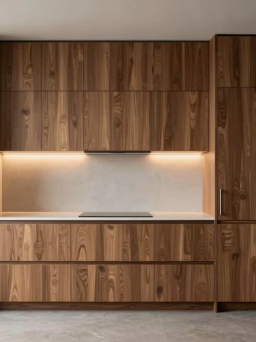 Straight-on architectural elevation of a minimalist luxury kitchen, custom walnut cabinetry with seamless joints, integrated warm LED lighting glowing under shelves, soft diffused daylight.