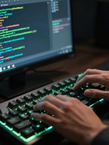 Close-up of a developer's hands typing on a mechanical keyboard, a terminal window open with code execution lines, glowing green and teal accents, dark background.