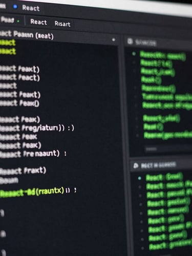Macro shot of a high-contrast dark-mode IDE displaying clean React code alongside terminal outputs with neon green accents, low-key lighting