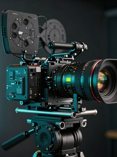 Close-up of a high-end cinema camera rig on a gimbal in a dark studio, neon LED light tubes casting teal and lime glows on the lens.
