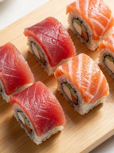 Overhead flat-lay of premium freshly rolled sushi rolls on a minimalist wooden board, vibrant red tuna and salmon, bright natural daylight, soft shadows