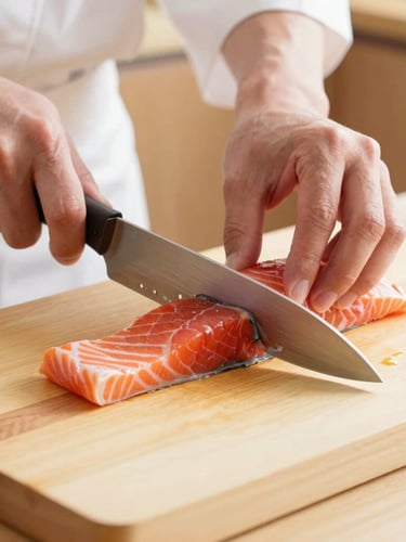 A close-up of a chef's hands carefully slicing fresh salmon on a clean wooden board, soft morning light, minimalist Japanese kitchen backdrop
