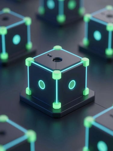 Sleek 3D render of glowing neon blue and green geometric data structures, dark tech aesthetic, secure network node, sharp focus, octane render