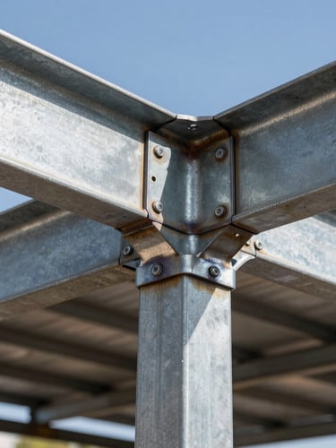 Tight detailed close-up of a freshly welded steel carport frame under bright South African sun, showing clean metal joints and rugged industrial textures.