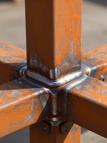 Close-up shot of a freshly welded structural steel joint on a carport frame, showing the raw, unpolished weld texture and bright orange primer paint, direct sunlight highlighting the metallic grain.