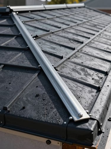 Direct daylight hitting a freshly completed charcoal roof sheet installation, showing crisp metal joints and heavy-duty rubberized sealing, tight industrial angle.