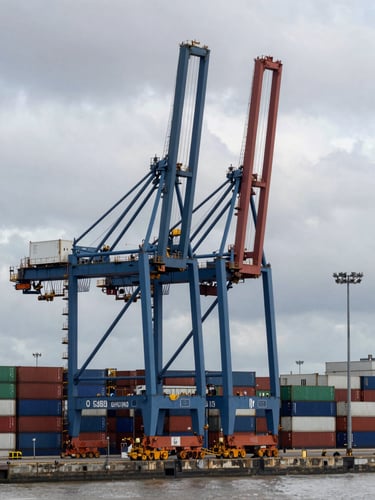 Overcast wide shot of Southampton container port, massive industrial cranes towering over stacked cargo containers, cool natural daylight, high contrast.