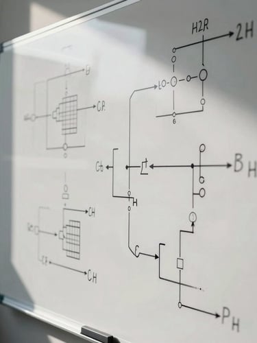Close-up of a physical whiteboard filled with complex engineering schematics and pipeline flow diagrams, sharp directional office lighting, high contrast.