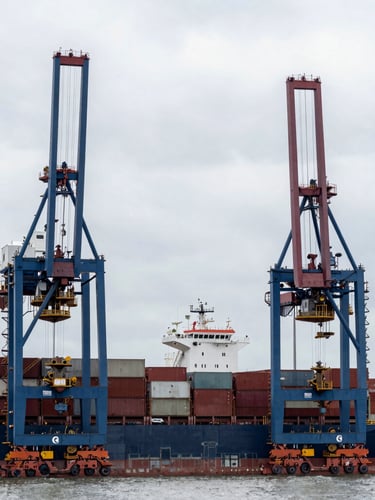 Wide environmental shot of a modern maritime cargo terminal in Southampton, overcast daylight, sharp industrial cranes framing the composition, high contrast.