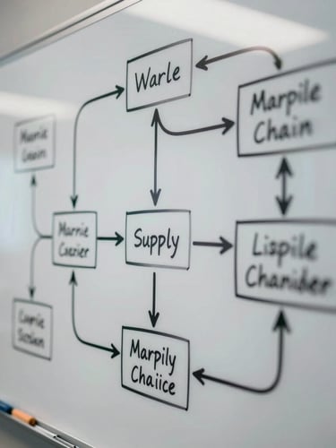 Tight macro crop of a physical whiteboard detailing a complex maritime supply chain flow chart, sharp black marker lines, cool directional office lighting