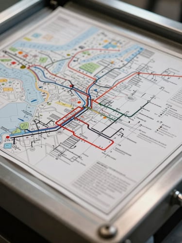 Close-up macro shot of a metal drafting table with detailed maritime logistics routing maps and hand-drawn pipeline flowcharts, sharp directional office lighting