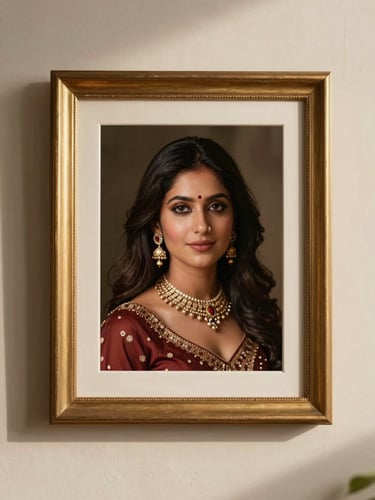 Elegant portrait shot of a finished premium mahar in a gold frame, resting on a clean cream-colored surface with soft shadows.